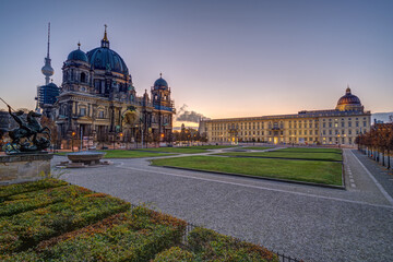 The Lustgarten in Berlin at dawn with the TV Tower, the cathedral and the City Palace