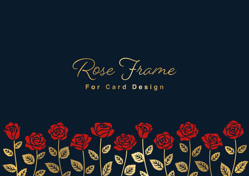 Rose Illustrations Card Design, Red Flowers And Gold Leaves On Navy Background