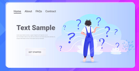 frustrated woman looking at question marks horizontal full length rear view horizontal