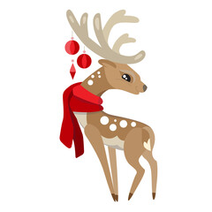 Cute animal reindeer with red scarf. Brown deer decorated with Christmas  balls. Funny character isolated on white background.  Winter illustration for children and adults.