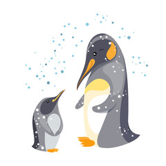 Cute birds penguins. Happy family. Little kid looking at her mom. Funny characters isolated on white background.  Winter illustration for children and adults.