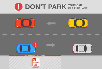 Parked cars. Traffic or road rule. Do not park your car in a fire lane warning design. Top view of a blue sedan car on no parking area. Flat vector illustration template.