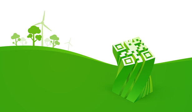 QR code. Save planet Eco friendly vector illustration ecology concept. Green landscape with windmills, trees and qrcode