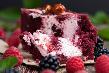 a cake made of red cakes with berry flavor