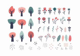 Collection of plant and floral elements. Deciduous trees, flowers, herbs, leaves, stems, berries. Botanical cartoon set of doodles. Hand drawn primitive childish illustration in Scandinavian style.