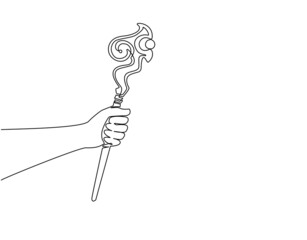 Single one line drawing hand holding wizards wooden staff. Bending stick witch magician halloween costume. Hand drawn black sketch outline engraving. Modern continuous line draw design graphic vector
