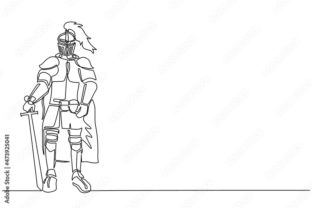 Poster continuous one line drawing medieval knight in armor, cape and helmet with feather. warrior of middl