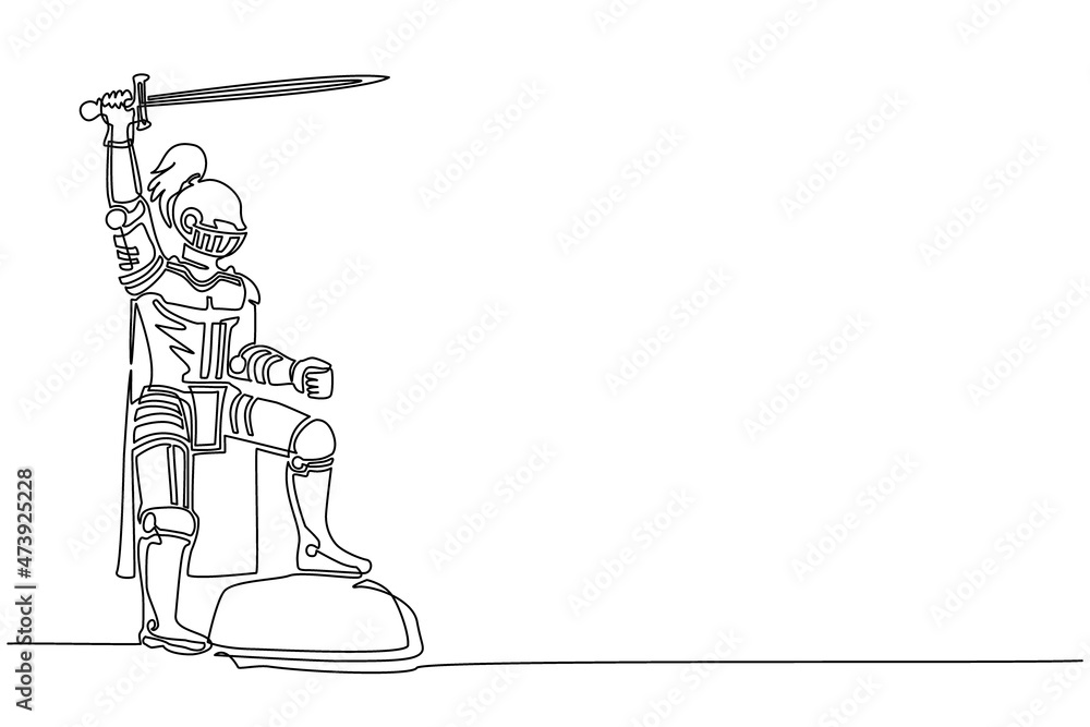 Poster continuous one line drawing medieval knight standing in armor and helmet holding shield and raised s