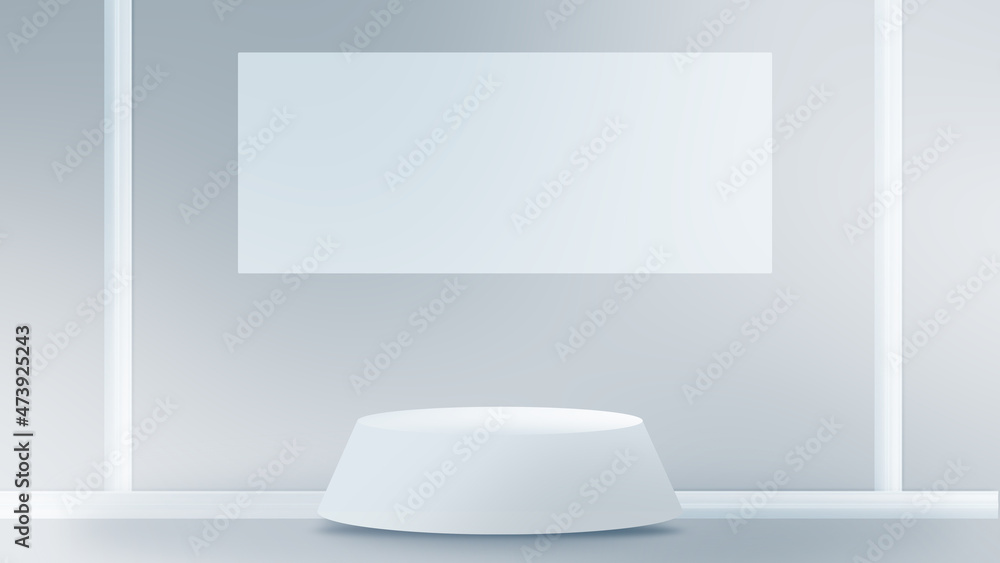 Poster futuristic empty room with light stage showcase and blank screen for display products. modern glowin