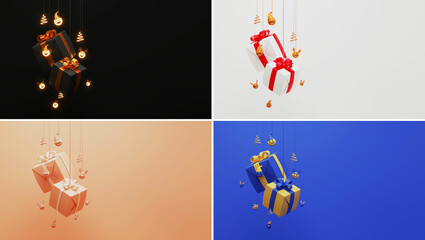 3D Gift Boxes With Swirl Xmas Tree Hang, Happy Emojies And Copy Space On Background In Four Color Options.