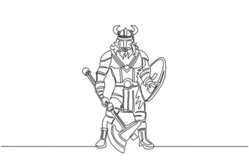 Continuous one line drawing man warrior viking in horned helmet holding axe and shield. Cartoon character male with weapon standing in belligerent pose. Single line draw design vector illustration