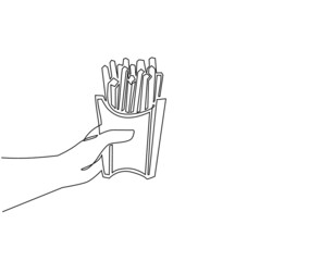 Continuous one line drawing hand holding french fries in paper box. Potato snack fast food menu symbol object. For restaurant or cafe drink menu. Single line draw design vector graphic illustration