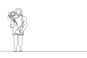 Single continuous line drawing caveman standing and holding stone axe. Prehistoric bearded man dressed in animal pelt. Neanderthal hunter. Ancient human. One line graphic design vector illustration