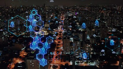 Aerial cityscape of smart city with futuristic cyber security effect. Innovation. Connection and social media. Sao Paulo Brazil. Data analysis. Cyber technology. Cloud computing. Cyber security. - Powered by Adobe