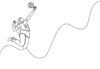 Continuous one line drawing young female professional volleyball player exercising jumping spike on court. Team sport competition game tournament. Single line draw design vector graphic illustration