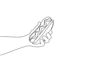 Continuous one line drawing hand holding hotdog. Street junk food. American meal. Hand holding bun, sausage. Bite and snack. For restaurant or cafe drink menu. Single line draw design vector graphic