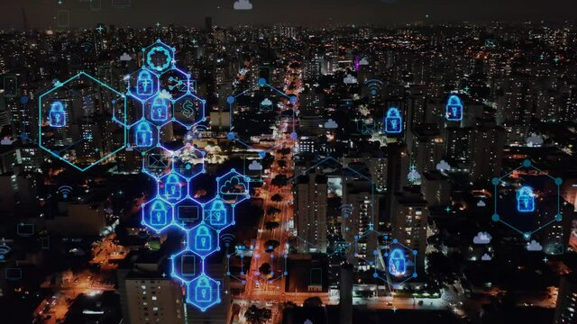 Aerial cityscape of smart city with futuristic cyber security effect. Innovation. Connection and social media. Sao Paulo Brazil. Data analysis. Cyber technology. Cloud computing. Cyber security.