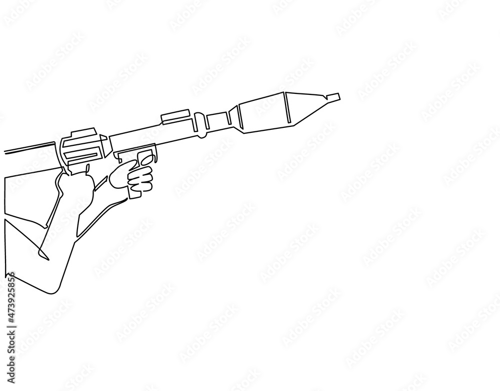 Poster single continuous line drawing hand holding rocket launcher. rocket launcher with missiles. soviet r
