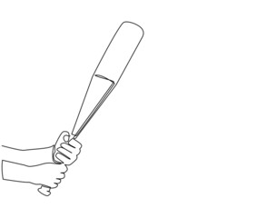 Single one line drawing player hand holding baseball bat. American outdoor sport game equipment. Realistic baseball bat. Sketch scratchboard imitation. Continuous line draw design vector illustration