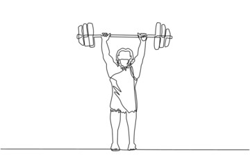 Continuous one line drawing prehistoric man as weightlifter lifting barbell. Young man from the stone age. man keeping fit by weight lifting. Single line draw design vector graphic illustration