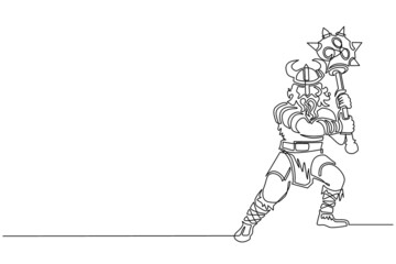 Single continuous line drawing viking warrior mascot swinging mace. Viking swing attack with mace. Viking barbarian with horned helmet swinging battle mace. Dynamic one line draw graphic design vector