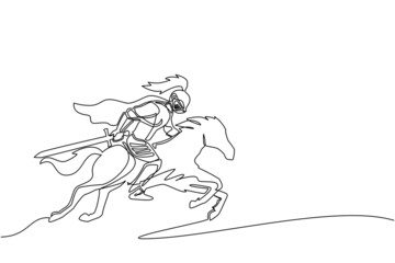 Fototapeta premium Single one line drawing medieval knight riding horse - horseback soldier with sword and shield. Knight on horseback. Medieval heraldry symbol. Continuous line draw design graphic vector illustration