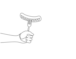 Single continuous line drawing sausage on fork in hand. Isolated on white background. Cooked hot fried sausage. Grill picnic template. For restaurant or cafe menu. One line draw graphic design vector