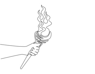 Single one line drawing hand holding torch on stick. Primitive weapon. Burning club. Old primitive tool or item for lighting. Fire and branch. Continuous line draw design graphic vector illustration