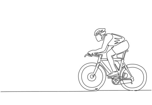 Single Continuous Line Drawing Young Energetic Man Bicycle Racer Improve His Speed At Training Session. Racing Cyclist Concept. Healthy Cycling Sport Event. Dynamic One Line Draw Graphic Design Vector