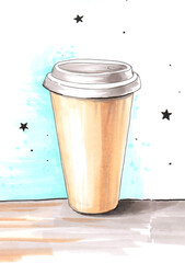 Hand drawn watercolor art. Mockup of paper coffee cup for take away.