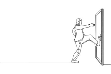 Single one line drawing businessman kicks door closed with his leg. Business and success. Aggressive business approach. Business struggles. Continuous line draw design graphic vector illustration - obrazy, fototapety, plakaty