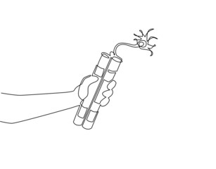Continuous one line drawing hand holding dynamite. Dynamite bomb with burning wick. Military detonate weapon. TNT weapon before explosion moment. Single line draw design vector graphic illustration
