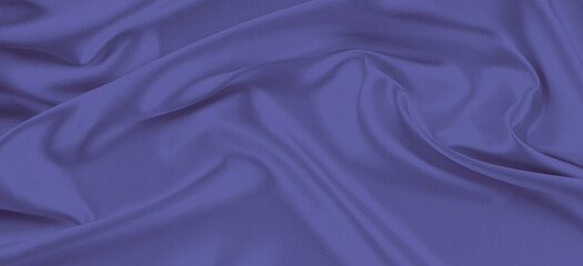 Beautiful very peri color banner background with drapery and wavy folds of silk satin material texture. Top view