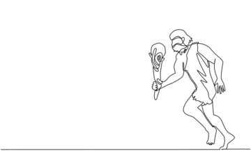Single continuous line drawing young caveman and cudgel flat isolated. Prehistoric man hunter. Ancient man is running and hunting with cudgel. Dynamic one line draw graphic design vector illustration