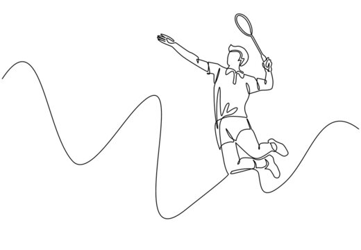recommend clip art: Single continuous line drawing young agile man badminton player jump and smash shuttlecock. Badminton tournament event. Sport exercise healthy concept. One line draw graphic design vector illustration