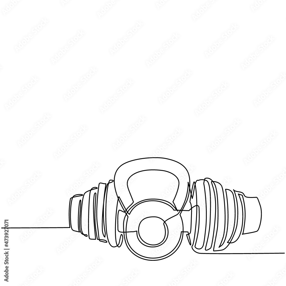 Poster single continuous line drawing dumbbells and kettlebell vector icon set on white background for gym 