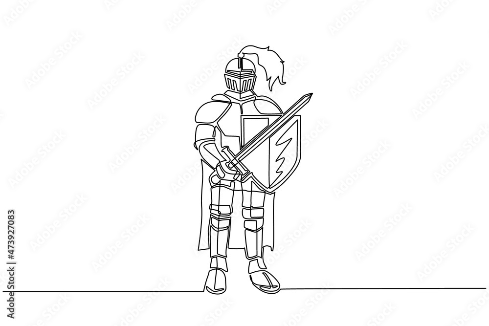 Poster single continuous line drawing medieval knight in armor, cape, helmet with feather. warrior of middl