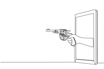 Single continuous line drawing hand holding revolver gun through mobile phone. Concept of battle video games, e-sport, entertainment application for smartphones. One line draw graphic design vector