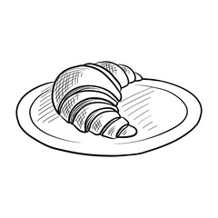 vector drawing sketch of croissant at plate, hand drawn illustration at white background