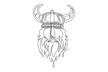 Single continuous line drawing head of bearded viking warrior with horned helmet. Vikings team logo. Sport label with viking illustration. Warrior in helmet logo mascot. One line draw design vector