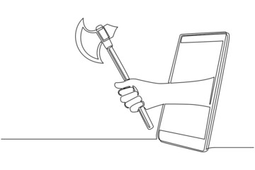 Continuous one line drawing hand holding battle axe through mobile phone. Concept of video games, e-sport, entertainment application for smartphone. Single line draw design vector graphic illustration