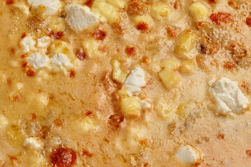 Closeup of melted mix of four kind of cheese on top of delicious pizza