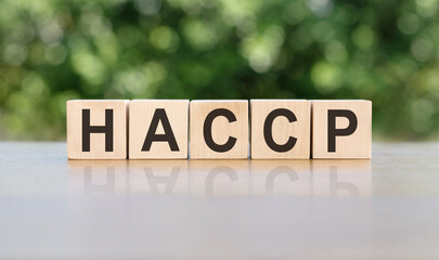 Letter cubes in word HACCP Hazard Analysis Critical Control Points on green background