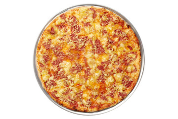 Top view of large vegan pizza with soy sausage and vegetarian mozzarella isolated on white