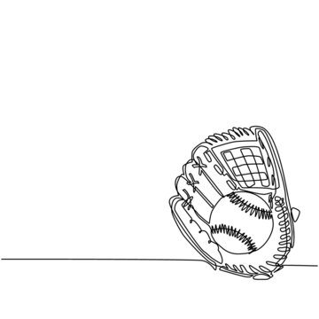 recommend clip art: Continuous one line drawing baseball tournament flyer, poster template. Baseball leather glove, ball for championship promotion. Team sport league banner. Single line draw design vector illustration