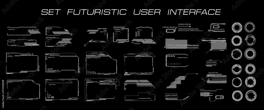 Poster Set of futuristic user interface. dialog boxes, circles and targets. HUD elements for the user interface UI, GUI. Modern futuristic digital frames set. Cyber frames for HUD user interface