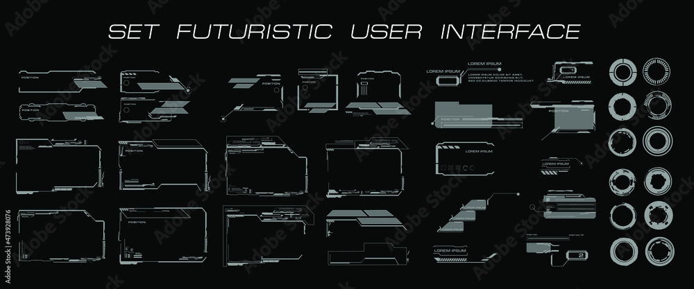 Poster Set of futuristic user interface. dialog boxes, circles and targets. HUD elements for the user interface UI, GUI. Modern futuristic digital frames set. Cyber frames for HUD user interface