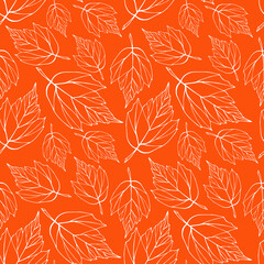Fototapeta premium Falling leaves outline seamless pattern. Orange and white foliage boundless background. Herbal endless texture. Leaves repeating surface design. Cute botanic backdrop.