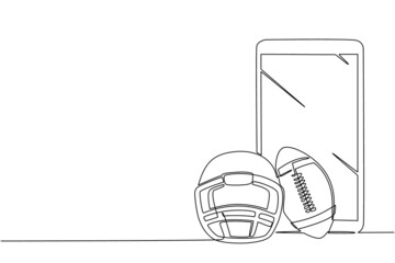 Single continuous line drawing American football helmet and ball with smartphone. Mobile sports play matches. Online American football game with live mobile app. One line draw graphic design vector
