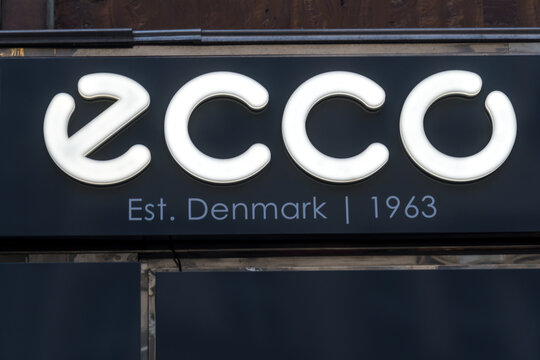 Prague, Czech Republic - July 22, 2020: Ecco shoe store sign. Since 1963, Ecco is a Danish shoemaker company providing high quality, casual comfortable shoes